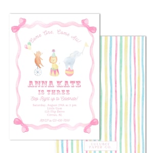 Printable Watercolor Girls Pastel Circus Birthday Invitation- &quot;Come One, Come All!&quot; - Preppy, Customizable, Print at Home, INSTANT DOWNLOAD!