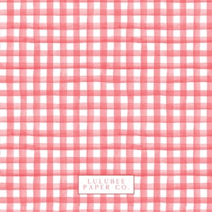 May include: A red and white gingham pattern background with the text "LULUBEE PAPER CO." in a red rectangle.