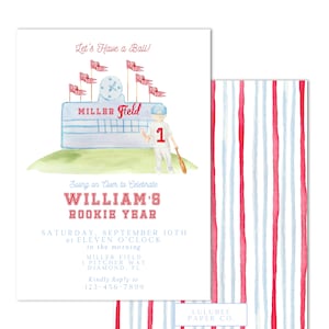 Invitation d'anniversaire d'année de recrue de baseball aquarelle imprimable - Amusons-nous ! - Couleur des cheveux et de la peau personnalisables ; Imprimez à la MAISON !