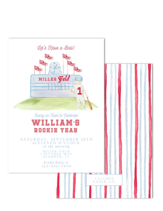 Printable Watercolor Baseball Rookie Year Birthday Invitation - Let's Have a Ball! - Customizable Hair & Skin Tone; Print at HOME!