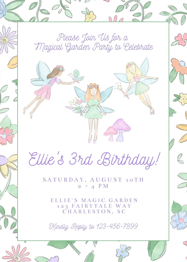 Puede incluir: Invitaci&oacute;n a una fiesta m&aacute;gica de jard&iacute;n para celebrar un 3er cumplea&ntilde;os. La invitaci&oacute;n presenta tres hadas con alas, flores y hongos. El texto dice "Por favor, &uacute;nase a nosotros para una fiesta m&aacute;gica de jard&iacute;n para celebrar el 3er cumplea&ntilde;os de Ellie! S&aacute;bado, 10 de agosto 14:00-16:00 El jard&iacute;n m&aacute;gico de Ellie 123 Fairytale Way Charleston, SC Por favor, responda al 123-456-7899"