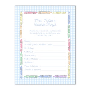 Printable Teacher Favorite Things List -  Back to School, All About My Teacher - 8.5x11 - Fully Customizable Text, Print at HOME!