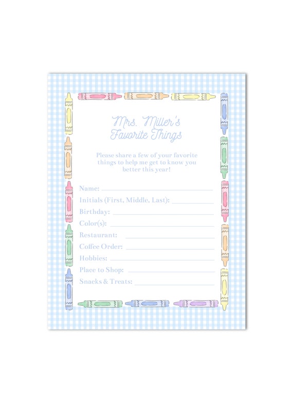Printable Teacher Favorite Things List -  Back to School, All About My Teacher - 8.5x11 - Fully Customizable Text, Print at HOME!