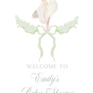 Printable 24x36&quot; Green Neutral Stork Baby Shower Welcome Sign | Grandmillenial, Watercolor Stork, Bows, Preppy, Classic - INSTANT DOWNLOAD!