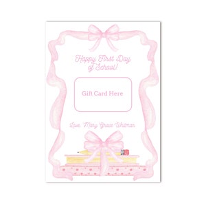 Porta-cartão-presente para o primeiro dia de aula do professor para impressão | 5x7 | Laço rosa, maçã - Volta às aulas; Preppy - Download instantâneo, imprima em casa