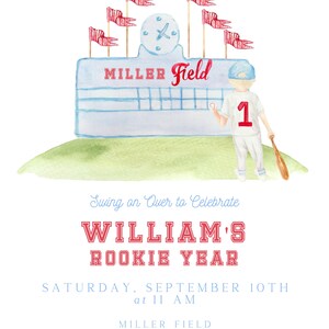 May include: A watercolor illustration of a baseball field with a scoreboard that reads "MILLER Field". A young boy wearing a baseball uniform with the number "1" on the front is standing on the field holding a baseball bat. The text "Let's Have a Ball!" is at the top of the image. The text "Swing on Over to Celebrate WILLIAM'S ROOKIE YEAR" is in the middle of the image. The text "SATURDAY, SEPTEMBER 10TH at 11 AM" is below the text "WILLIAM'S ROOKIE YEAR". The text "MILLER FIELD 1 PITCHER WAY DIAMOND, FL RSVP TO 123-456-7899" is at the bottom of the image.