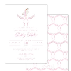 Printable Watercolor Stork Baby Girl Shower Invitation - Pink, Bow Trellis - Grandmillenial - INSTANT DOWNLOAD; Customizable; Print at HOME!