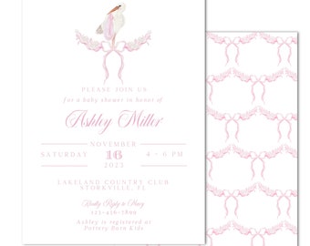 Printable Watercolor Stork Baby Girl Shower Invitation - Pink, Bow Trellis - Grandmillenial - INSTANT DOWNLOAD; Customizable; Print at HOME!