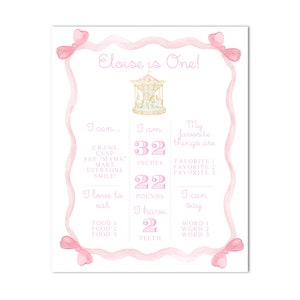 Printable Pink Bow Watercolor Carousel Birthday Milestone Sign | 16x20 | Classic Girls Bday, Grandmillenial- Instant Download, Print at Home