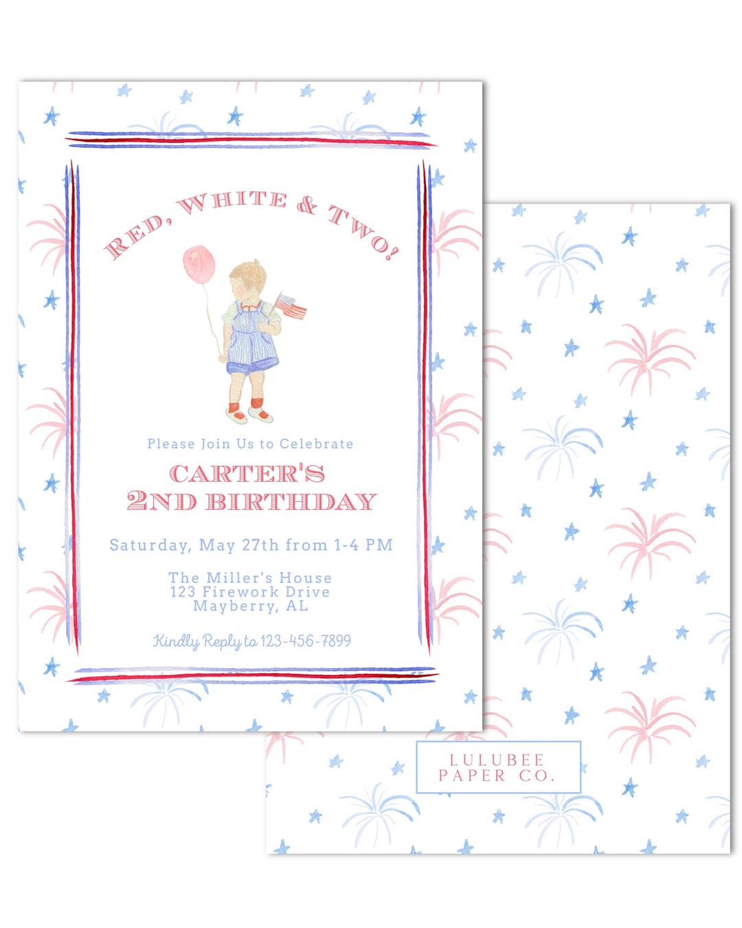 Printable Watercolor Patriotic Birthday Invitation - Red, White &amp; TWO ...