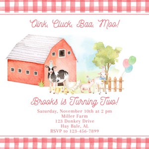 Printable Watercolor Farm Birthday Invitation - Calling All Party Animals, Oink, Cluck, Baa, Moo - Grandmillenial - Instant Download image 2