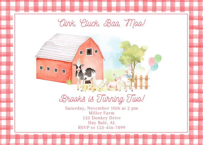 Printable Watercolor Farm Birthday Invitation - Calling All Party Animals, Oink, Cluck, Baa, Moo - Grandmillenial - Instant Download image 2