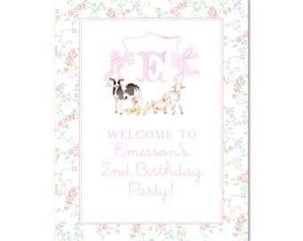 Printable Custom Monogram Floral Farm Birthday Welcome Sign | 24x36 | Watercolor Party Animals, Oink, Cluck, Baa, Moo! - Grandmillenial