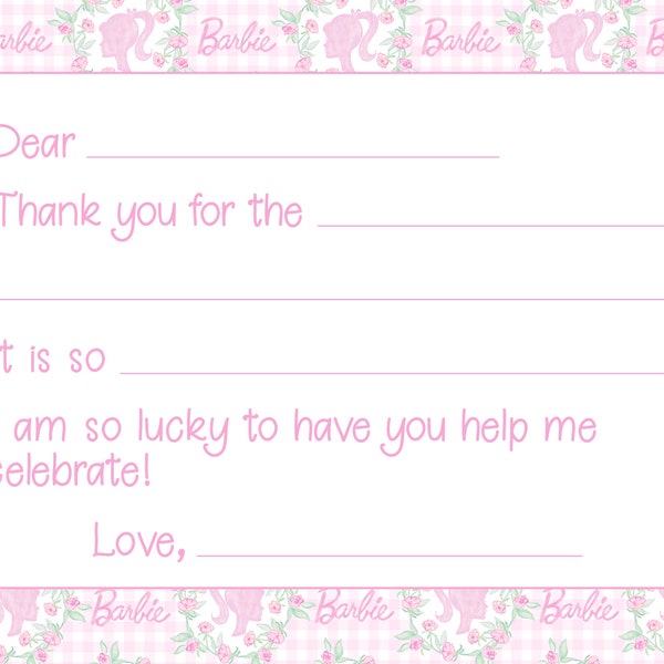 Printable Watercolor Pink Doll Party Birthday Thank You Note | 7x5 | Fill in the Blank, Bows, Grandmillenial-INSTANT DOWNLOAD, Print at Home