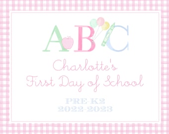 First Day of School Sign - Watercolor ABC Girls Pink Gingham - Preppy Preschool Back to School - INSTANT Download, Edit Text, Print at Home!