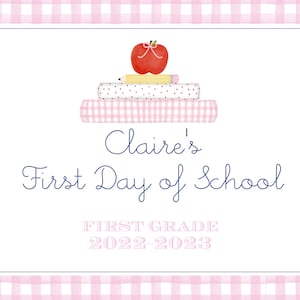 First Day of School Sign - Watercolor Books Pink Gingham - Preppy Preschool Back to School - INSTANT Download, Edit Text, Print at Home!