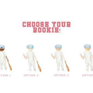 May include: Four watercolor illustrations of baseball players in different poses, each with a baseball bat and ball. The text "CHOOSE YOUR ROOKIE!" is at the top of the image. The options are labeled 1 through 4.