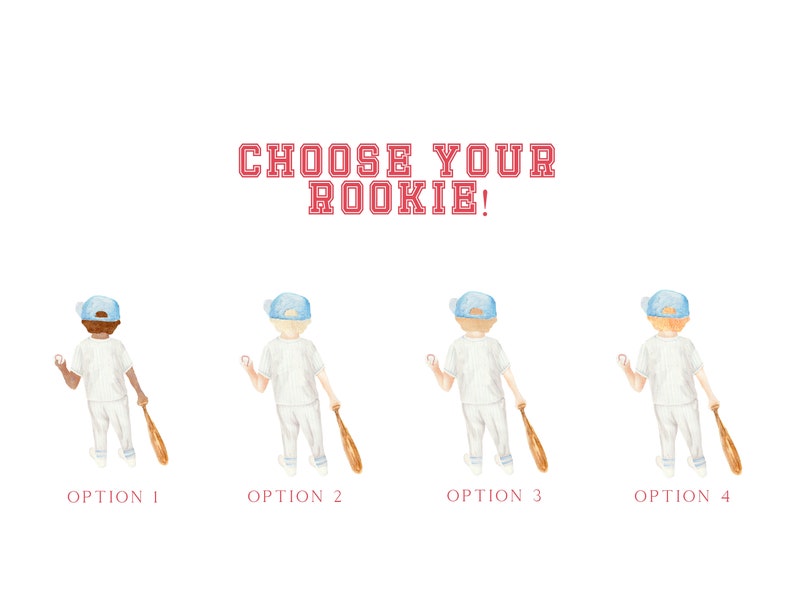 May include: Four watercolor illustrations of baseball players in different poses, each with a baseball bat and ball. The text "CHOOSE YOUR ROOKIE!" is at the top of the image. The options are labeled 1 through 4.