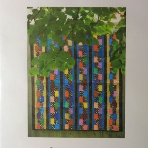 May include: A colorful quilt with vertical stripes of blue, gold, and black, adorned with squares of various colors. The text "Hit the Road" and "Extreme Piecing" are at the top. The text "Jack Squares Studio" and "No Work-All Play" are at the bottom.