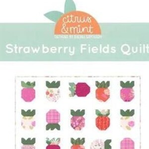 May include: A quilt pattern titled "Strawberry Fields Quilt" featuring a repeating pattern of stylized strawberries in various pink, red, and white fabrics with green leaves. The quilt measures 48" x 58".