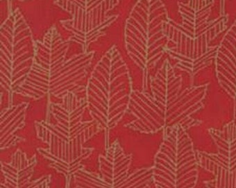 May include: Red fabric with a repeating pattern of gold-colored leaf outlines. The leaves are stylized, with detailed veining, and are arranged densely across the surface. The background is a solid, vibrant red.