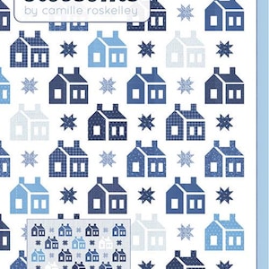 May include: A fabric pattern featuring a repeating design of blue houses and starbursts on a white background. The text "thimble blossoms" and "HOME" are visible. The pattern is a classic fat quarter friendly house quilt.