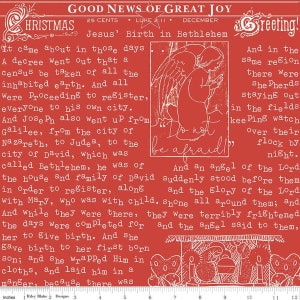 May include: Red Christmas-themed fabric with white text and illustrations. The text includes "Good News of Great Joy," "Jesus' Birth in Bethlehem," and "Do not be afraid!" The design features angels, a manger, and a decorative "Greeting!"
