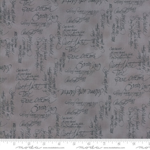 May include: Gray fabric with a repeating pattern of handwritten text in a darker gray. Phrases like "Silent Night," "Peace on Earth," and "Santa Claus" are visible. The fabric has a subtle, mottled appearance.