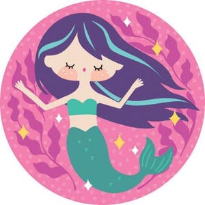 May include: A cartoon illustration of a mermaid with purple hair and a teal top and tail. The mermaid is set against a pink background with seaweed and star accents. The mermaid has closed eyes and outstretched arms.