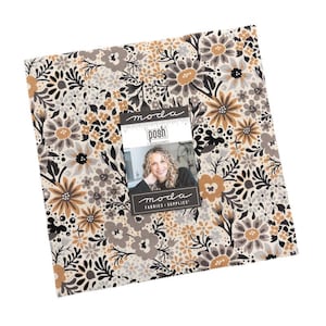 May include: A square fabric bundle with a floral pattern in neutral tones of beige, gray, brown, and black. The fabric features a variety of stylized flowers and foliage. A label with the text "moda posh" and a woman's image is attached.