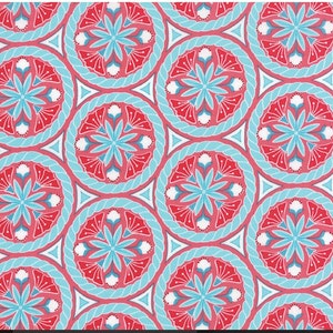 May include: A repeating pattern of circular floral designs. Each circle features a central light blue flower, surrounded by red petals and a light blue border. The circles are connected by a light blue rope-like design, creating a geometric pattern.