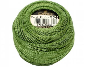 May include: A ball of green DMC Perlé 8 cotton thread, Col. 3346, with a product label visible. The thread is tightly wound, showing the texture of the cotton. Ideal for embroidery and other needlecraft projects.
