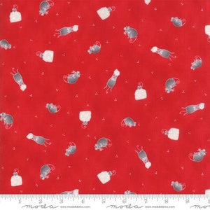 May include: Red fabric with a repeating pattern of gray mice and white cheese blocks. The mice have long tails and are in various poses. Small white dots are scattered across the background. The fabric is suitable for quilting and crafting.