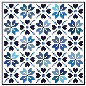 May include: A quilt pattern with a repeating design of blue snowflake-like shapes and black hearts on a white background. The text "Sweater Weather" and "By Melissa Corry" are at the top. The text "fat quarter friendly in 5 sizes" is at the bottom.