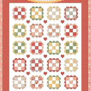 May include: A quilt pattern cover titled Coriander Quilts by Corey Yoder #248 Love You Lots. The design features a grid of twenty scalloped-edge square blocks in various floral and solid prints, separated by small red hearts on a white background.