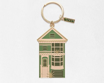 Enamel keyring - Victorian house - green