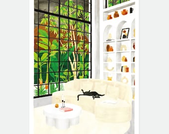 Affiche White sofa - Illustration d'un chat dans un salon moderne