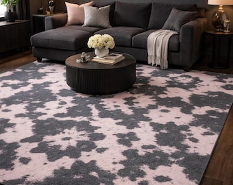 Abstract Tye Dye Marble Floral Pattern Area Rug | Pink and Charcoal Decorative Rug