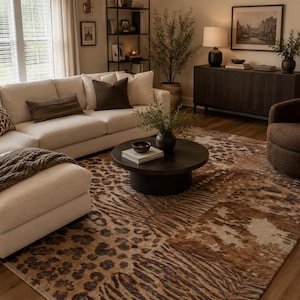 May include: A large rectangular area rug featuring a patchwork design of various animal print patterns including leopard spots, tiger stripes, and cowhide textures in shades of brown, tan, black, and cream, covering the floor beneath a living room set.