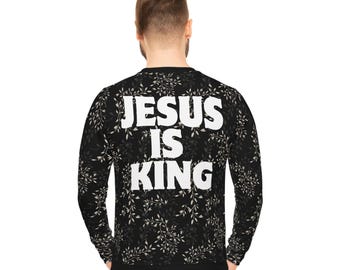 Jesus Is King floral Leaf Pattern Sweatshirt | All-Over Print Botanical Crewneck black grey white