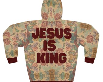 Jesus Is King Floral Pattern Hoodie | Burgundy Fabric Texture