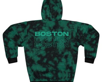 Boston Text Hoodie | Green Black Tie Dye acid wash Pullover