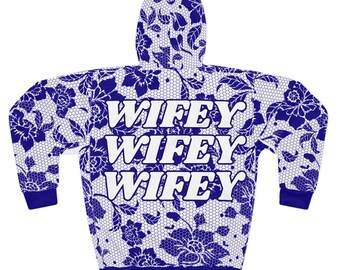 Bridal Blue Lace Floral Wifey Bride Hoodie | Bridal Pullover, Bachelorette Lace Print Trendy