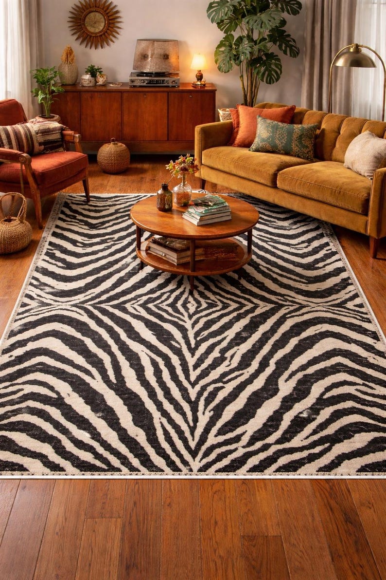 Zebra Rug Print Area Rug Bedrrom Living Room Decor| Black White/beige Animal Stripe Accent Rug image 3
