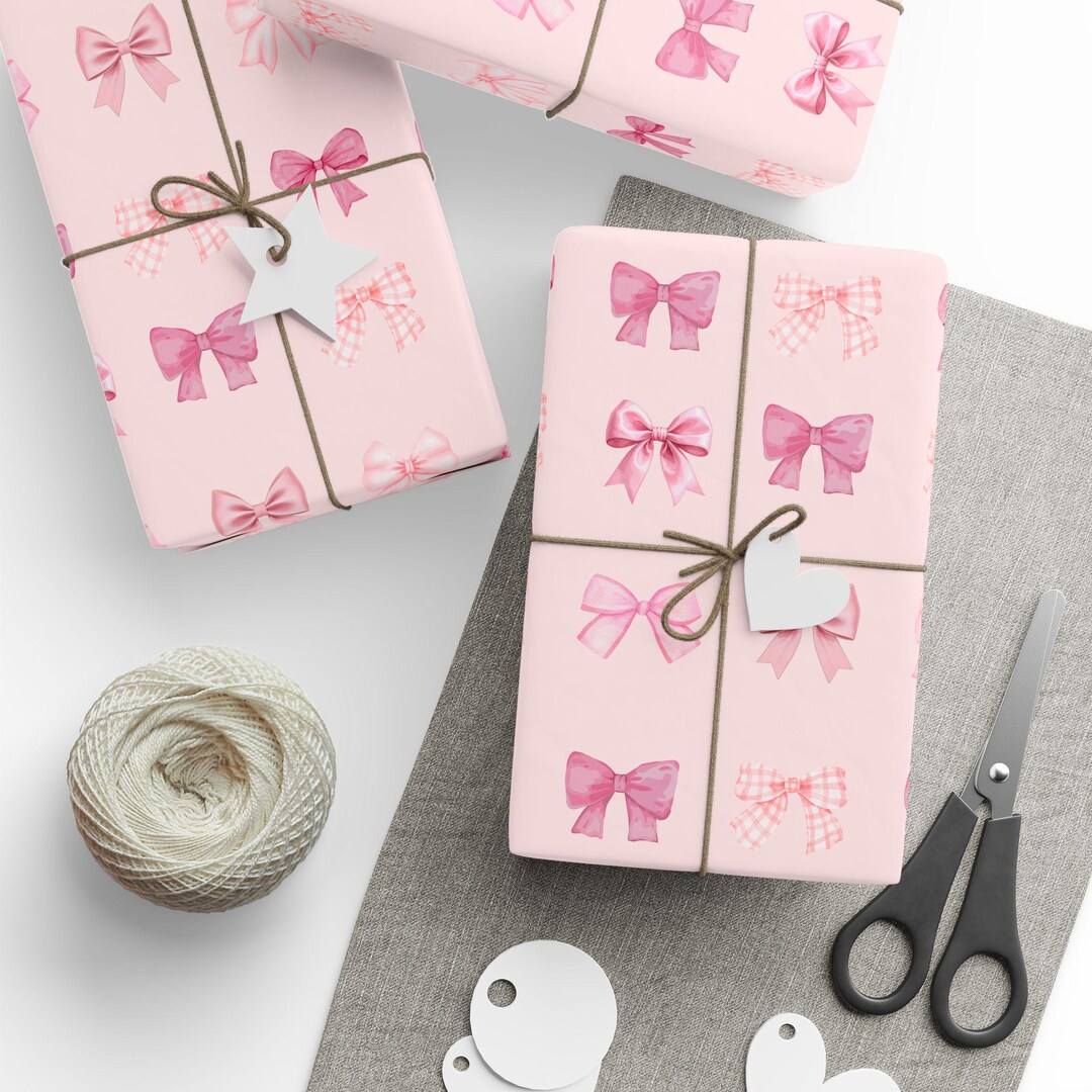 Pink Bow Pattern Wrapping Paper Girly Cute Floral Ribbon Gift Wrap Roll ...
