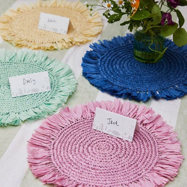 Colourful Raffia Placemats - 2 Pack - Colourful Tableware Pastel Placemat Easter Dinner Decorations Pink Sage Green Navy Blue Yellow