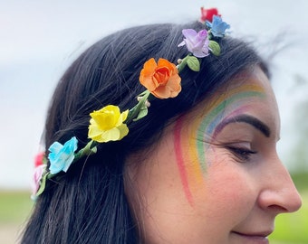 Rainbow Flower Crown - Pride Floral Headband Pride Accessories Pride Rainbow Headwear LGBTQ+