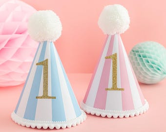 Baby's First Birthday Stripe Pastel Hat With Colourful Pom Pom 1st Birthday Personalised Personalized First Birthday Cake Smash