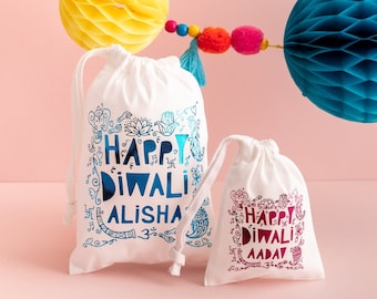 Personalised Happy Diwali Bag - Foil Print Diwali Gift Bag With Name Cotton Gift Bag Sweet Treat Money Gift Bag