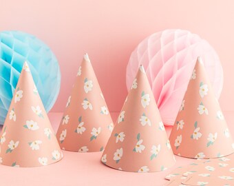 Pink Flower Party Hats - 4 Pack - Flatpack Birthday Party Pastel Theme Party Accessories Kids Party Family Floral Party Hats